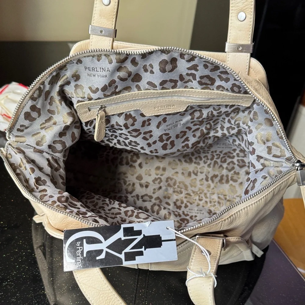 Perlina Cream Leather Duffel Bag with Dual Straps